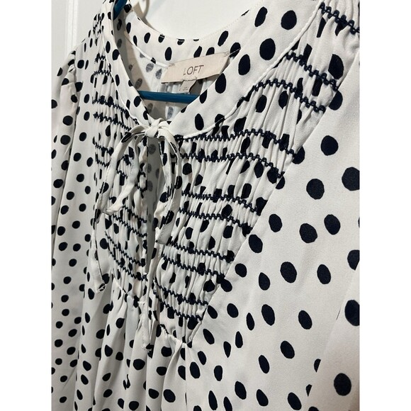 THE LOFT Women's Blouse Polka Dot Large Tie White Black Work Office Top‎ Shirt L - Picture 2 of 8